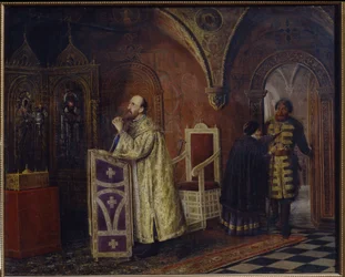 Modlitwa cara Iwana IV Groźnego (1530-1584) (modlitwa cara Iwana IV Groźnego). Obraz Wasilija Władimirowicza Pukirewa (Vassili Poukirev) (1832-1890), olej na płótnie