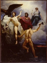 Prometeusz łańcuchowy Vulcan (Vulcanus łańcuchowy Prometheus). Obraz Wasilija Jewmeniewicza Sawińskiego (1859-1937), olej na płótnie 1881. Muzeum Akademii Sztuk Pięknych w Petersburgu.