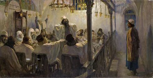 Il est coupable de la mort — jest winny śmierci! - Polenov, Vasili Dmitrievich (1844-1927) - 1906 - Olej na płótnie - 113x220 - Kolekcja prywatna (część serii obrazów Życie Chrystusa ukończonej przez artystę pod koniec lat 1890-1900)