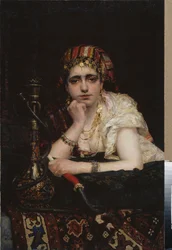 Odaliska. (Portret kobiety z haremu, o melancholijnym spojrzeniu, trzymającej fajkę wodną). Obraz Wasilija Dmitriewicza Polenova (1844-1927), olej na płótnie. XIX-wieczna sztuka rosyjska, orientalizm. Narodowe Muzeum Sztuki Republiki Białoruskiej, Mińsk (B