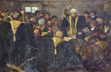 Grigorij Konstantinowicz Ordjonikidze (1886-1937) - Sergo Ordzhonikidze na Północnym Kaukazie par Krotkov, Wasilij Anfimowicz (1880-1939). Olej na płótnie, format : 100x150