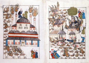 Pożar w Konstantynopolu w 1660 r. Miniatura z „Miejsc pamięci tureckich” (kodeks Cicogna 1971 „Memorie Turchesche”) Akwarela z XVII-wiecznej szkoły weneckiej.