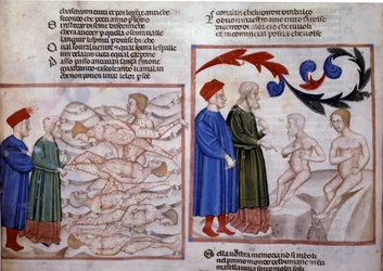 Dante i Wergiliusz w rozmowie z Grifolino z Arezzo i Capocchio ze Sieny. XIV wiek (miniatura)