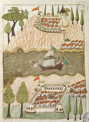Pani cicogna 1971, miniatura z „Memory Turchese” przedstawiająca dwie wielkie fortece nad Bosforem (pióro i atrament na papierze)