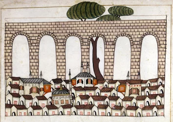 Widok na Konstantynopol i jego akwedukt. Miniatura z „Miejsc pamięci tureckich” (kodeks Cicogna 1971 „Memorie Turchesche”) Akwarela z XVII-wiecznej szkoły weneckiej.