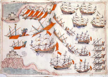 Wojna między Wenecją a Imperium Osmańskim: Bitwa pod Dardanelami, w której w 1655 r. zwyciężył wenecki kapitan Lorenzo Marcello (akwarela)