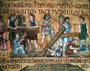 Architektura bizantyjska: „”budowa wieży Babel”” Na placu budowy robotnicy i stolarze piłowali deski. Mozaika wykonana przez artystów weneckich z XIII wieku Basilica di San Marco
