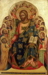 Chrystus na tronie ze świętymi i aniołami wręczającymi klucz św. Piotrowi