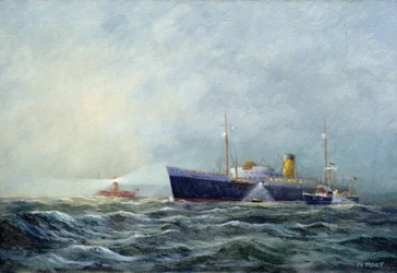 Pathfinder (dwumiejscowa motorówka), opuszczający samolot przed latarnią morską (łódź latarni morskiej) u wybrzeży Harwich (Anglia). Olej na płótnie autorstwa Vic Trevett ()