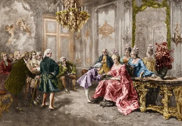 Wolfgang Amadeus Mozart (1756-1791) w Madame (markiza) de Pompadour (Rodzina Mozarta, podczas tournée po Europie) (1763-1766).Grawerowanie według obrazu M.V. de Paredes.