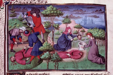Scena morderstwa dwóch mężczyzn, którym zabójcy odcinają głowy. Strona francuskiego rękopisu „Dekameronu” Giovanniego Boccaccia, zwanego Jean Boccace (1313-1375), włoskiego pisarza, iluminowana przez Mistrza z Mansel. 1450, Paryż, Biblioteka Arsenału