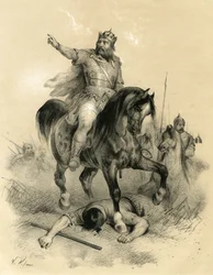 Attyla (ok. 395-453), jedyny przywódca Hunów w 445 roku, spustoszył cesarstwa Wschodu i Zachodu - Najazdy barbarzyńców - Rycina Victora Adama (1801-1866) w książce „Francja w średniowieczu”, opublikowanej przez braci Ardant w połowie