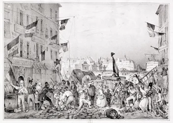 Barykada przy Rue Dauphine, 29 lipca 1830, grawerowana przez H. Delaporte