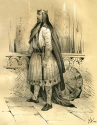 Chlodio Długowłosy, przywódca Franków salickich od około 428 roku do śmierci w 447 roku, prawdopodobny przodek Merowingów. Rycina Victora Adama (1801-1866) w książce „Francja w średniowieczu”, opublikowanej przez braci Ardant w połowie 1