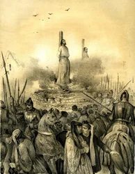 Śmierć na rzeźni Jacquesa de Molay (Molai) (1243-1314), ostatniego wielkiego mistrza zakonu templariuszy (1298). Philippe le Bel kazał go aresztować (1307), torturować i uwięzić, a następnie spalić żywcem wraz z dowódcą Normandii, Geoffroyem de Charnem.