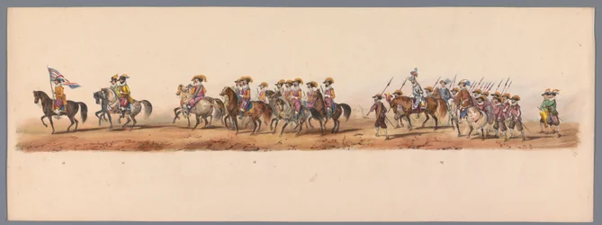 Procesja historyczna w stulecie Uniwersytetu Nauk Stosowanych w Utrechcie, 1836 (tablica 5) Podejście wojsk holenderskich do Ostendy, 3 lipca 1600, dzień po zwycięstwie pod Nieuwpoort; zgodnie z kostiumową reprezentacją podaną przez H H Student