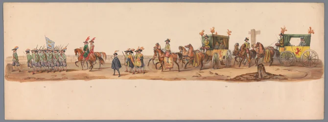 Procesja historyczna w stulecie Uniwersytetu Nauk Stosowanych w Utrechcie, 1836 (tablica 6) Podejście wojsk holenderskich do Ostendy, 3 lipca 1600, dzień po zwycięstwie pod Nieuwpoort; zgodnie z kostiumową reprezentacją podaną przez H H Student