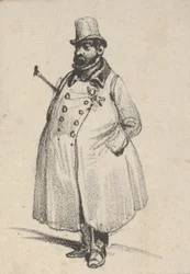 Mężczyzna w płaszczu i kapeluszu z laską pod pachą, połowa XIX wieku.