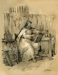 Święty Eloi (v.588-660) złotnik i tresor króla Franków Dagoberta 1, następnie eveque z Noyon od 641 do jego śmierci. Rycina wykonana przez Victora Adama (1801-1866) w książce "Francja w średniowieczu" opublikowanej przez braci Ardant w połowie XIX wieku.