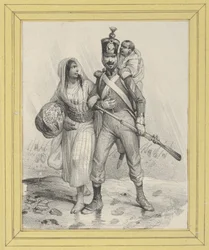 Żołnierz z kobietą pod rękę i dzieckiem na plecach
