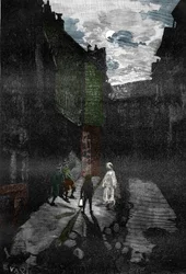 Zjawisko paranormalne: „” Pojawienie się ducha na dziedzińcu nawiedzonego zamku”” (Duch pojawia się w nawiedzonym zamku) Rycina z „” Les mysteres de la science ”” autorstwa Louisa Figuiera, kolekcja prywatna