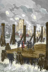 Oblężenie La Rochelle (1627-1628): „Kardynał Richelieu (1585-1642) na tamie w La Rochelle, podczas oblężenia miasta, placu broni protestantów w październiku 1628” - Kardynał Richelieu podczas oblężenia La Rochelle w październiku 1628, rycina