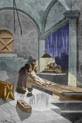 Ksiądz Pierre Aupetit oskarżony o czary torturowany przed spaleniem żywcem, 25.05.1588 (rycina)