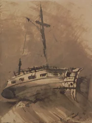Statek na wzburzonych morzach, 1864 (pióro i tusz do prania na papierze)