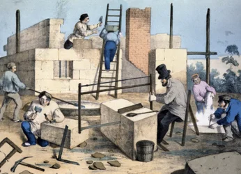 Budowa domu, ok. 1860 r. (litografia)