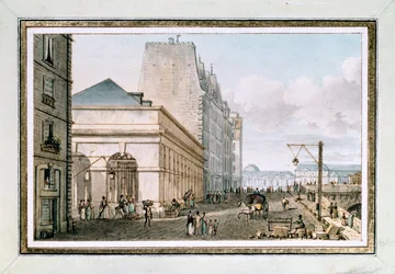 Widok na nowy Targ Drobiarski, znajdujący się na Quai des Augustins w pobliżu Pont-Neuf, Paryż, ok. godz. 1810 (akwarela)