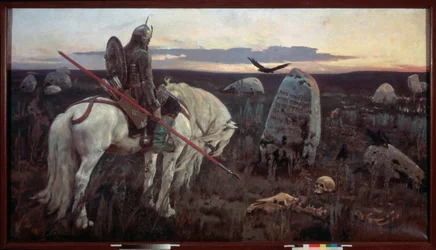Rycerz na rozdrożu (Rycerz, uzbrojony w lancę, wydaje się melancholijny przed grawerowaną stelą na równinie, otoczoną ludzkimi kośćmi i przelatywaną o zmierzchu przez kruka)