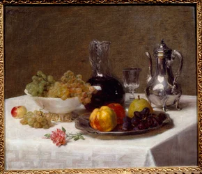 Table corner Martwa natura z owoców (winogrona, pigwa i gruszka), sztućce i dzbanek na wino. Obraz Victorii Dubourg (1840-1926) XX w. Niedz. 0,52x0,63 m Grenoble, Musee des Beaux Arts