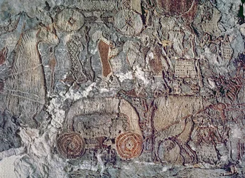 Fragment zwierzęcia ciągnącego wózek, z gobelinu znalezionego na statku Oseberg (tekstylia)