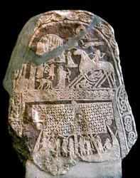 Runestone depicting Wotan (Odin) on his eight-legged horse Sleipnir, boarding a Viking longship (stone)