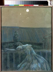 „Smutek” (smutek) Zdesperowana młoda dziewczyna oparta o balustradę. Akwarela i pastel – Viktor (Victor) Elpidiforovich Borisov-Musatov (Borisov Musatov) (1870-1905) (symbolika) 1903 Państwowe Muzeum Historii i Sztuki Serpukhov (Serpukhov).