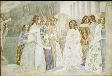 Requiem: młode kobiety w sukniach krynolinowych rozmawiają w ogrodzie - Dzieło Wiktora (Victora) Elpidiforowicza Borisowa-Musatowa (Borisov Musatov) (1870-1905)