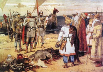 Powołanie Waregów: Ruryk i jego bracia przybywają do Starej Ładogi, przed 1912