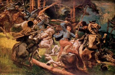 Huzarzy węgierscy i kozacy rosyjscy walczący w Karpatach w 1915 r.