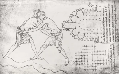 Ms.Fr.19093 fol.14v Dwóch zapaśników, plan kościoła cysterskiego i plan chóru Notre-Dame de Cambrai (kopia faksymile)
