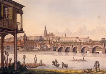 Widok na Małą Dzielnicę i Zamek Praski Hradczany z Łaźni Papouka, 1825 (kolorowa akwaforta)