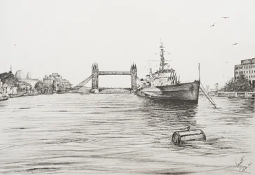 HMS Belfast nad Tamizą Londyn, 2006, (Ink on Paper)