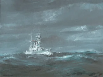 HMS Hood u wybrzeży Szkocji, lata 20.; 2019; (olej na płótnie)
