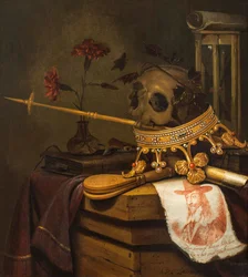 Martwa natura Vanitas z czaszką, koroną, berłem, fletem, miechem, klepsydrą, goździkami w szklanym wazonie, zwojem, książką i grawerowanym portretem Karola I