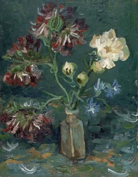 Butelka z piwoniami i błękitnymi delfinami autorstwa Gogha, Vincenta, van (1853-1890). Olej na tekturze, format: 34,5x27