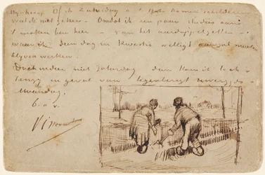 Pocztówka z kopaniem dwóch chłopów, 1885 (pióro i brązowy atrament na pocztówce)
