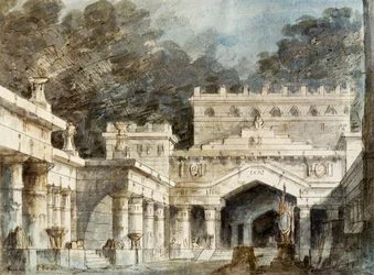 Scenografia Francesco Bagnara do piątej sceny Normy, opery Vincenza Belliniego (1801-1835), wystawionej w teatrze La Fenice w Wenecji