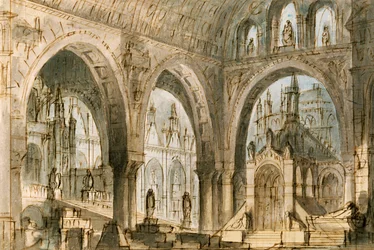 Scenografia: Francesco Bagnara do czwartej sceny Capuleti i Montecchi, opery Vincenzo Belliniego (1801-1835), wystawionej w teatrze La Fenice w Wenecji