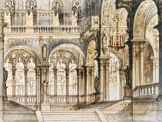 Scenografia: Francesco Bagnara do trzeciej sceny Capuleti i Montague, opery Vincenzo Belliniego (1801-1835), wystawionej w teatrze La Fenice w Wenecji