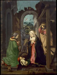 Narodzenie ze świętą Katarzyną. Adoracja Dzieciątka Jezus z Madonną, świętym Józefem i świętą Katarzyną, ok. 1495 (olej na płycie)