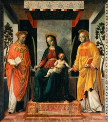Madonna z Dzieciątkiem między św. Faustynem a św. Jowitą, Vincenzo Foppa (ok. 1427-ok. 1515), Tempera na płótnie, 205x226 cm